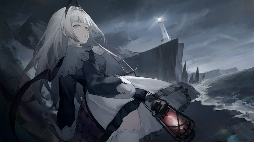 1girl arknights black_gloves black_jacket breasts cliff cowboy_shot frilled_skirt frills from_behind gloves grey_eyes grey_hair haocong33 head_wings highres holding holding_lantern irene_(arknights) jacket lantern lighthouse long_hair long_sleeves looking_at_viewer looking_back medium_breasts ocean outdoors parted_lips purple_skirt rain skirt solo thighhighs very_long_hair water white_legwear white_skirt