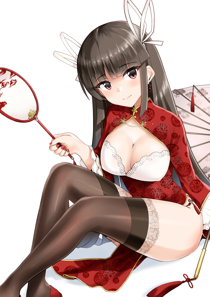 1girl absurdres bangs black_legwear blunt_bangs bra breasts breasts_out brown_eyes brown_hair china_dress chinese_clothes cleavage closed_mouth commentary crossed_legs dress earrings eyelashes feet_out_of_frame floral_print gold_trim hair_ornament hair_ribbon high_heels highres hiyou_(kancolle) holding jewelry kantai_collection lace-trimmed_legwear lace_trim long_hair long_sleeves looking_at_viewer medium_breasts minase_(takaoka_nanase) oil-paper_umbrella pantyhose red_dress red_footwear red_nails red_sleeves ribbon simple_background sitting smile solo split_mouth tassel thighs umbrella underwear very_long_hair white_background white_bra white_ribbon wide_sleeves