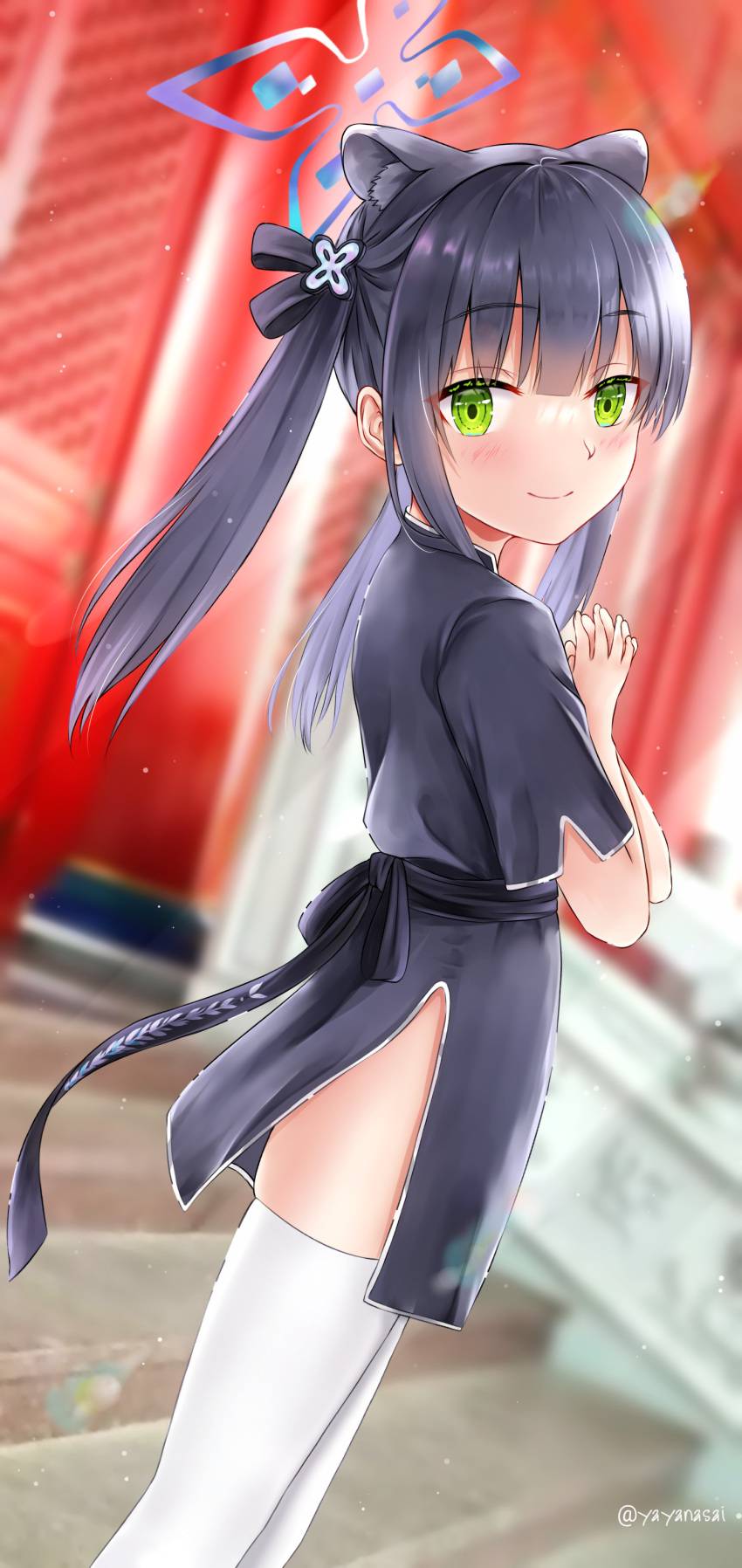 1girl absurdres animal_ear_fluff animal_ears black_dress black_hair blue_archive china_dress chinese_clothes dress from_side green_eyes hands_on_own_chest highres long_hair looking_at_viewer outdoors own_hands_together short_sleeves shun_(blue_archive) shun_(kid)_(blue_archive) smile solo stairs thighhighs thighs tiger_ears tiger_girl twintails white_legwear yayanri
