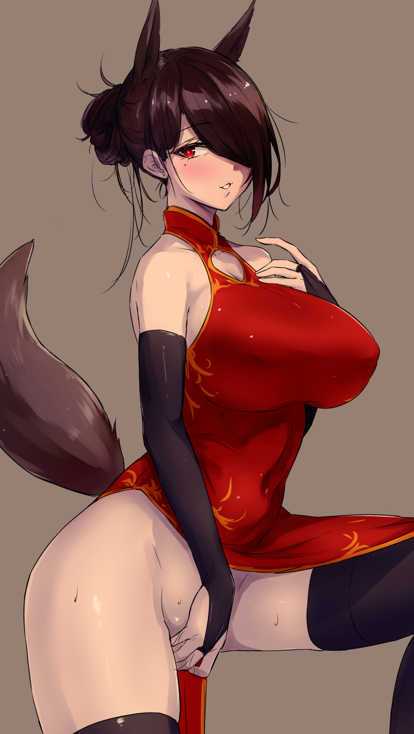 1girl absurdres animal_ears bare_shoulders black_legwear blush breasts bridal_gauntlets brown_hair china_dress chinese_clothes collarbone commentary covered_navel covered_nipples cowboy_shot dress elbow_sleeve extra_ears fingering fox_ears fox_girl fox_tail gradient gradient_background hair_over_one_eye hand_on_own_chest highres huge_breasts mole mole_under_eye no_bra no_panties original parted_lips red_dress red_hair shiny shiny_hair short_hair solo sweat tail teeth thick_thighs thighhighs thighs wide_hips yukisaki_miale