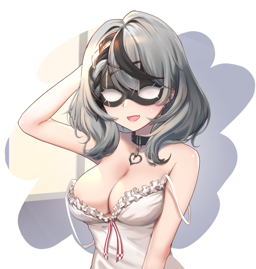 1girl :d absurdres areola_slip areolae arm_up bangs bare_arms bare_shoulders black_hair blush braid breasts camisole cleavage collar collarbone commentary_request facing_viewer fang frills grey_hair hair_ornament hand_in_own_hair heart highres hololive large_breasts mask merong multicolored_hair open_mouth sakamata_chloe short_hair skin_fang smile solo strap_slip sweatdrop two-tone_hair upper_body virtual_youtuber x_hair_ornament