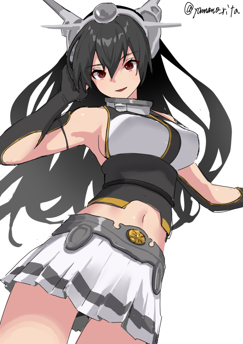 1girl black_gloves black_hair elbow_gloves fingerless_gloves gloves headgear highres kantai_collection kikumon long_hair looking_at_viewer midriff miniskirt nagato_(kancolle) navel one-hour_drawing_challenge pleated_skirt red_eyes simple_background skirt sleeveless solo twitter_username white_background white_skirt yamano_rita