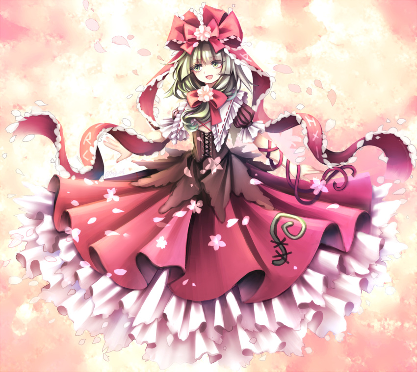 1girl :d bangs bow cherry_blossoms commentary corset dress eyebrows_visible_through_hair fingernails frilled_dress frilled_ribbon frilled_sleeves frills front_ponytail green_eyes green_hair hair_bow hair_ribbon highres kagiyama_hina long_hair looking_to_the_side miy_001 open_mouth outstretched_arms puffy_short_sleeves puffy_sleeves red_bow red_dress red_ribbon ribbon short_sleeves smile solo touhou