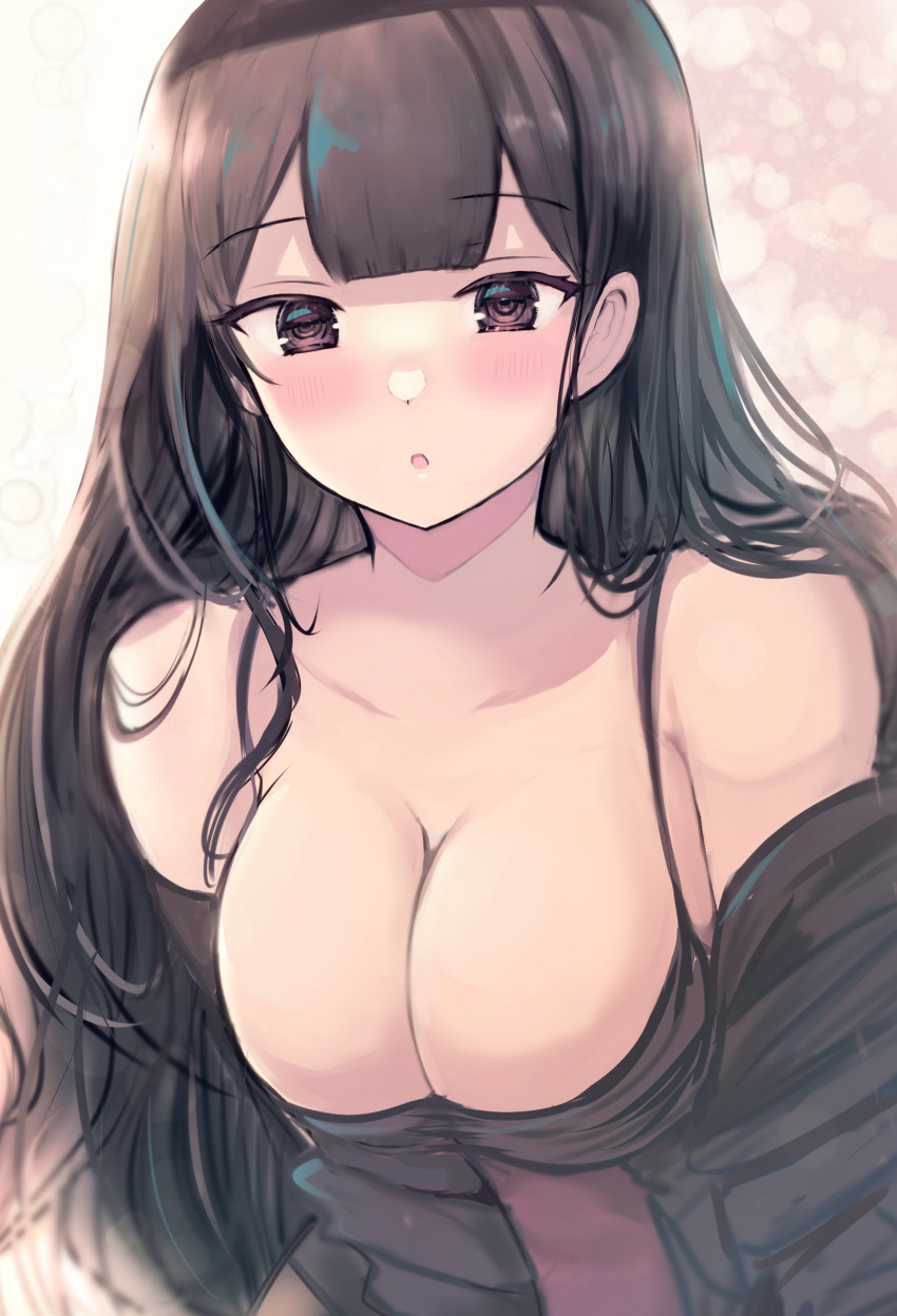 1girl bangs bare_shoulders black_eyes black_hair blunt_bangs breasts cleavage eyebrows_visible_through_hair highres large_breasts long_hair looking_at_viewer naoyama_masaru off_shoulder open_mouth original solo upper_body