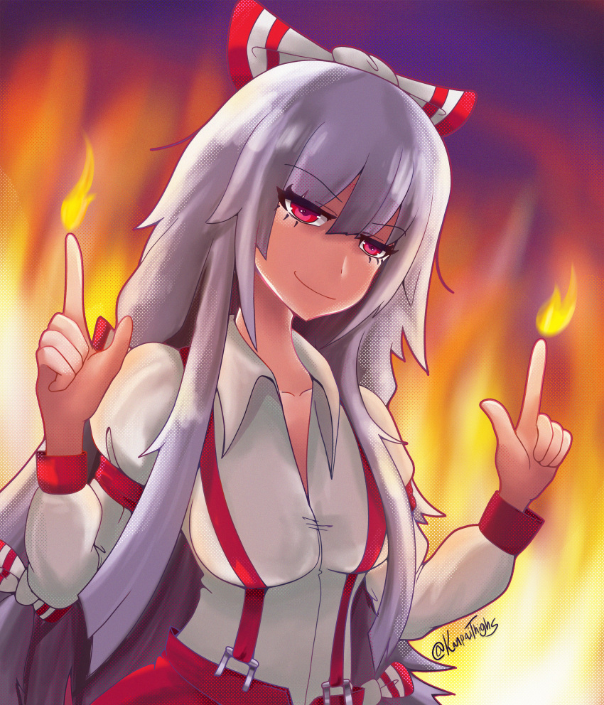 1girl absurdres artist_name bangs bow breasts buttons collared_shirt eyebrows_visible_through_hair fire fujiwara_no_mokou hair_bow highres hime_cut kanpaithighs long_hair long_sleeves pants pointing pointing_up pyrokinesis red_eyes red_pants shirt sidelocks signature sleeve_garter smile solo suspenders touhou white_bow white_hair white_shirt