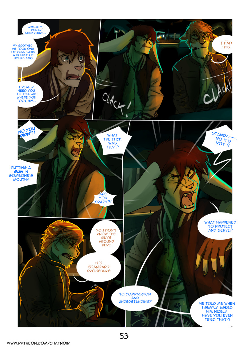 angry anthro bottomwear car claws clothed clothing comic dialogue digital_media_(artwork) duo english_text felid fur gun hair handgun hi_res holding_object holding_weapon jacket joshua_reed lagomorph laudanumserum leather leather_clothing leather_jacket leather_topwear leporid letho_donovan letterman_jacket long_ears male mammal neon open_mouth pantherine pants police rabbit ranged_weapon solo speech_bubble stripes teeth text tiger tongue topwear url vehicle weapon