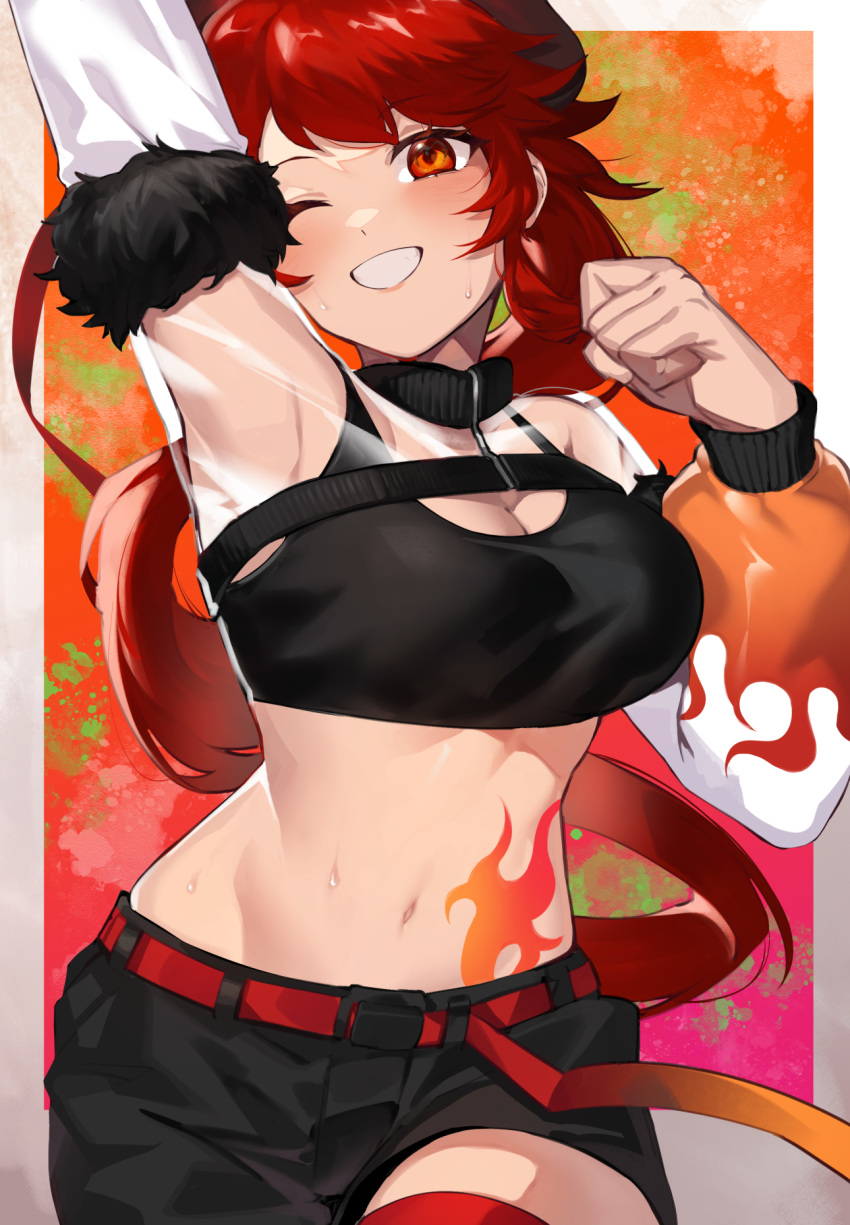 1girl arm_up armpits bangs belt black_bra black_shorts blush bra breasts cleavage clenched_hand cropped_jacket dola_(nijisanji) dragon_girl dragon_horns eyebrows_visible_through_hair flame_print grin hati105 highres horns large_breasts long_hair long_sleeves looking_at_viewer midriff navel nijisanji official_alternate_costume red_belt red_eyes red_hair see-through shorts shrug_(clothing) smile solo sports_bra stomach stomach_tattoo sweat tattoo underwear very_long_hair virtual_youtuber