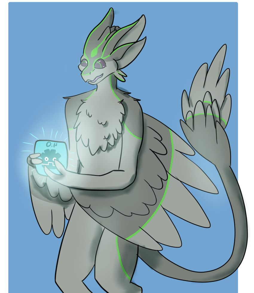 2022 3_fingers 4_ears aaron_(aaronfranke) absurd_res anthro avali avian blue_background border countershade_feathers countershading feathered_wings feathers fingers godot_(game_engine) green_body green_eyes green_feathers green_stripes green_tail_feathers grey_body grey_feathers grey_sclera grey_tail_feathers hi_res holding_object immortalphoenix long_ears looking_at_object male male_(lore) multi_ear multicolored_body multicolored_feathers nude outline simple_background small_head solo stripes tail_feathers two_tone_body two_tone_feathers white_border winged_arms wings