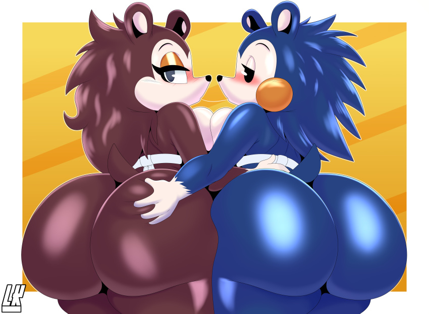 absurd_res animal_crossing anthro apron big_breasts big_butt blue_body blush bodily_fluids breast_squish breasts brown_body butt butt_grab clothed clothing curvy_figure digital_drawing_(artwork) digital_media_(artwork) duo eulipotyphlan female female/female fur hand_on_butt hedgehog hi_res incest_(lore) kissing lobokosmico looking_at_viewer mabel_able mammal nintendo open_mouth sable_able saliva sibling simple_background sister sisters squish thick_thighs video_games
