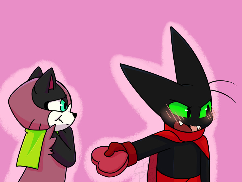 anthro appie4 big_eyes black_body black_eyes black_fur black_nose blue_sclera blush blush_lines brown_body brown_fur canid canine cape cartoon_network clothed clothing domestic_cat duo embarrassed fangs felid feline felis female fully_clothed fur gloves green_sclera handwear happy hi_res holding_object holidays interspecies looking_aside looking_at_another looking_at_partner looking_away male male/female mammal mao_mao:_heroes_of_pure_heart mostly_nude nude pink_background pink_ears pupils raccoon_dog romantic romantic_couple scarf scarf_only sheriff_mao_mao_mao shy simple_background slit_pupils smile standing suit tanuki tanya_keys tsundere valentine's_day