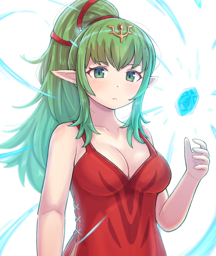 1girl bare_shoulders breasts cleavage collarbone dragonstone dress fire_emblem fire_emblem_awakening floating floating_object glowing green_eyes green_hair highres kutabireta_neko large_breasts long_hair older pointy_ears ponytail red_dress short_dress side_slit simple_background sleeveless sleeveless_dress solo tiki_(fire_emblem) upper_body white_background