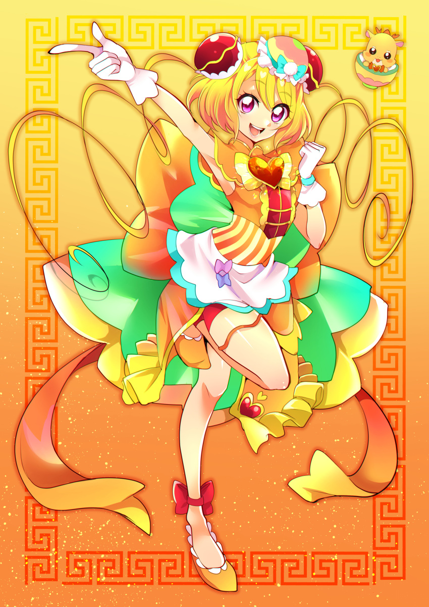 1girl absurdres ankle_bow apron arm_up back_bow bike_shorts blonde_hair bow bowl brooch bun_cover china_dress chinese_clothes cure_yum-yum delicious_party_precure dragon dragon_wings dress earrings eyebrows_visible_through_hair full_body gloves gradient gradient_background hair_between_eyes hanamichi_ran heart_brooch highres huge_bow jewelry long_hair magical_girl mem-mem_(precure) mitsuki_tayura orange_background orange_dress orange_footwear orange_shorts precure purple_eyes red_hair short_hair_with_long_locks shorts sleeveless sleeveless_dress standing standing_on_one_leg two-tone_background waist_apron white_gloves wings yellow_background