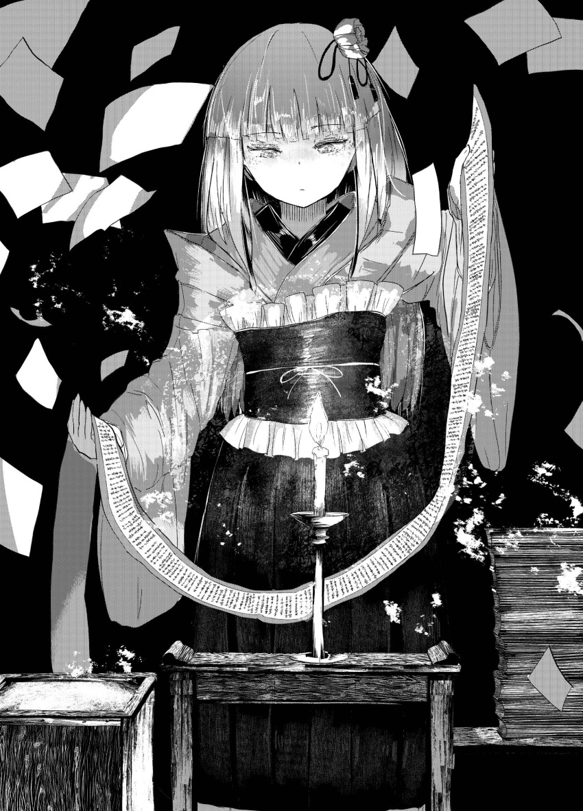 1girl :| ashiyama_yoshinori bangs blunt_bangs candlestand closed_mouth commentary eyebrows_visible_through_hair flower greyscale hair_flower hair_ornament hakama hieda_no_akyuu highres holding holding_scroll japanese_clothes kimono long_hair long_sleeves looking_down monochrome obi paper paper_stack sash scroll solo touhou wide_sleeves