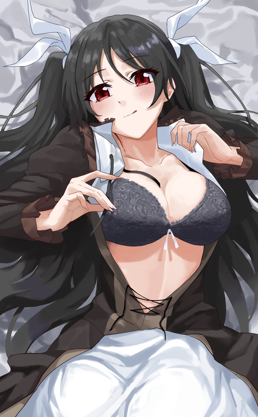 1girl absurdres bangs bed_sheet black_bra black_hair blush bow bra breasts cleavage closed_mouth collarbone dierbeibanjia eyebrows_visible_through_hair from_above hair_between_eyes hair_bow highres large_breasts long_hair long_sleeves looking_at_viewer lying mayo_chiki! on_back open_clothes open_shirt red_eyes shiny shiny_hair skirt smile solo suzutsuki_kanade tongue tongue_out twintails underwear very_long_hair white_bow white_skirt