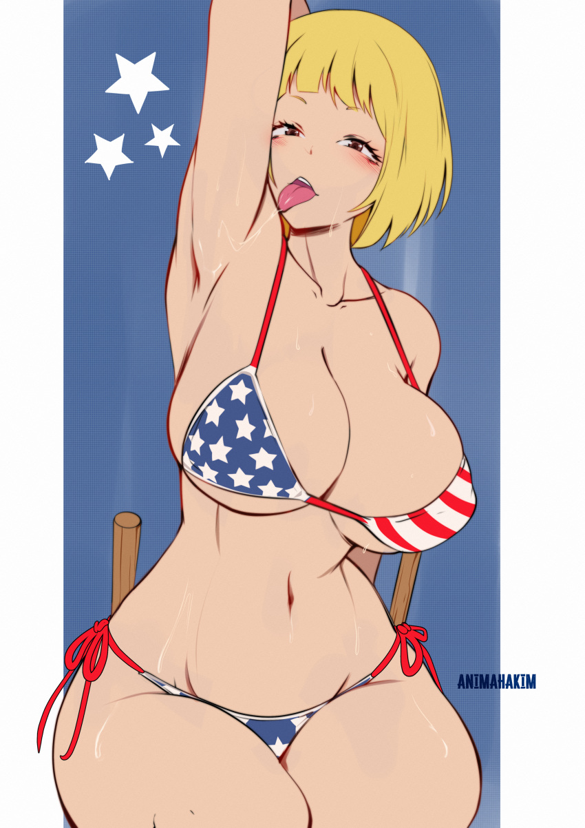 1girl absurdres american_flag_bikini animahakim arm_up armpits artist_name bangs bikini blonde_hair blush breasts brown_eyes curvy flag_print haikyuu!! highres large_breasts licking licking_armpit looking_at_viewer open_mouth presenting_armpit saliva saliva_trail short_hair side-tie_bikini sitting solo string_bikini sweat swimsuit tanaka_saeko_(haikyuu!!) tongue tongue_out