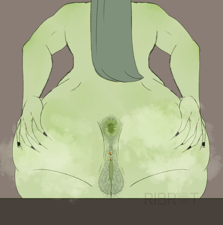 anus big_butt butt curvy_figure female genital_piercing genitals goblin green_body green_skin hairy_pussy hi_res huge_butt humanoid not_furry nude piercing pubes pussy rear_view ribr0t roe_(pancake) simple_background slightly_chubby slightly_chubby_female solo spread_anus spread_butt spreading steam thick_thighs wide_hips