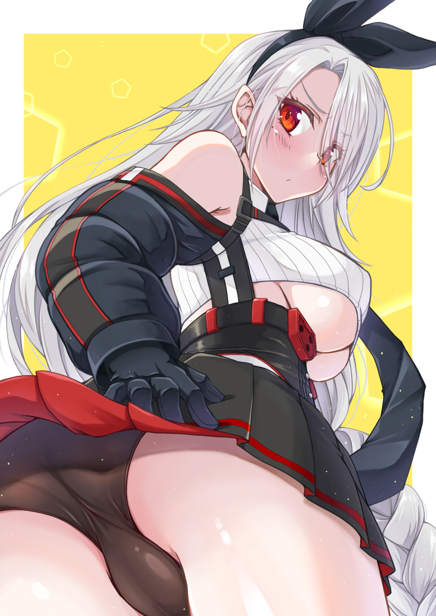 1girl ass azur_lane black_panties black_skirt braid breasts crop_top from_behind gekato hair_ribbon highres large_breasts long_hair panties pleated_skirt prinz_heinrich_(azur_lane) red_eyes ribbed_shirt ribbon shirt simple_background single_braid skirt solo underboob underwear very_long_hair white_hair yellow_background