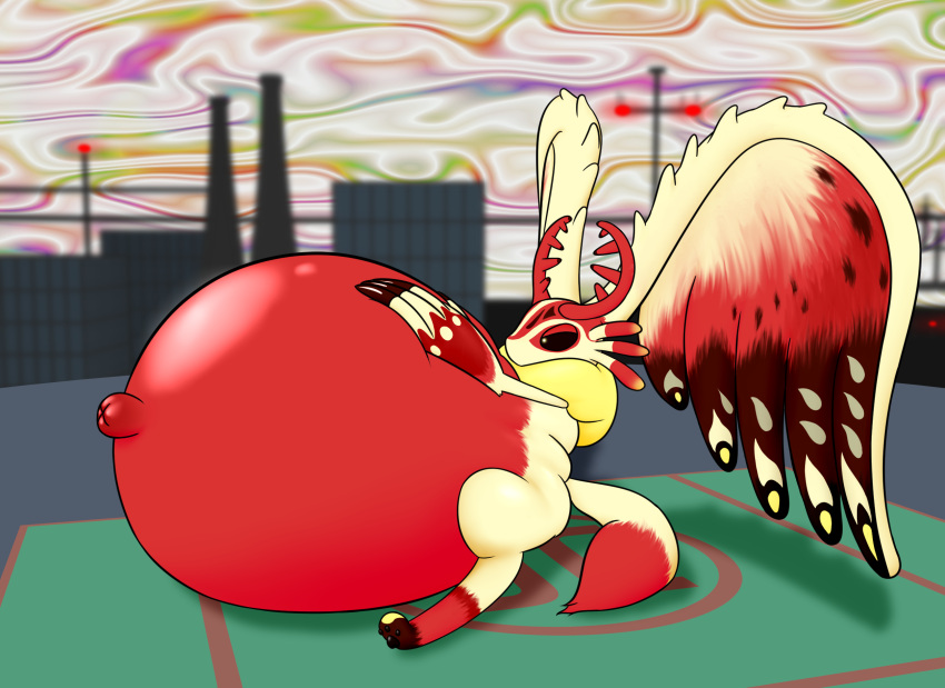 abstract_background alien alien_humanoid annoyed anthro antlers belly big_belly big_ears black_claws black_pawpads black_sclera chaos_elfilis chest_tuft city city_background claws fur glistening glistening_belly hand_on_stomach helipad hi_res hidden97 horn humanoid hyper hyper_belly inflation kirby_and_the_forgotten_land male mammal mouse murid murine navel outie_navel overweight overweight_male pawpads pupils red_body red_fur rodent sitting solo thick_thighs tuft white_body white_fur white_pupils yellow_body yellow_fur