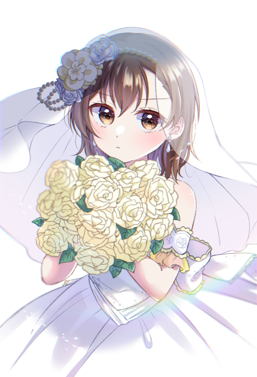 168_azusa 1girl absurdres bare_shoulders bouquet bridal_veil brown_eyes brown_hair closed_mouth dress flower hair_flower hair_ornament highres holding holding_bouquet looking_at_viewer misaka_mikoto short_hair solo toaru_kagaku_no_railgun toaru_majutsu_no_index upper_body veil wedding_dress white_dress