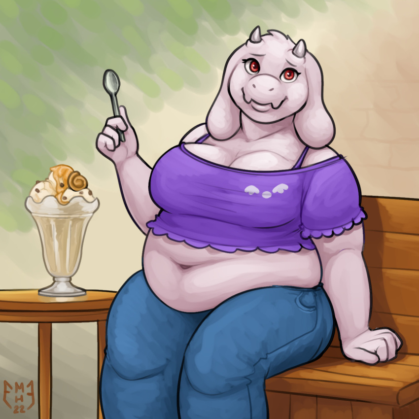 2022 4_fingers anthro bench big_breasts bottomwear bovid breasts caprine cleavage clothed clothing cutlery dessert eyelashes fangs female fingers food fur furniture goat hi_res holding_object horn ice_cream kitchen_utensils looking_at_viewer mammal miltonholmes navel overweight overweight_female pants purple_clothing purple_topwear red_eyes simple_background sitting smile solo spoon table thick_arms thick_thighs tools topwear toriel undertale undertale_(series) video_games watermark white_body white_fur