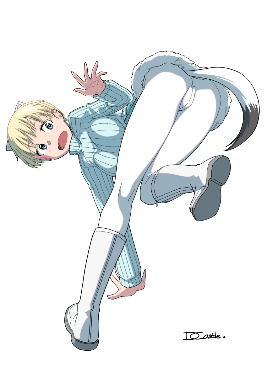 1girl absurdres animal_ears ass blonde_hair blue_eyes blush boots brave_witches breasts covered_anus crotch dragoncastle full_body highres large_breasts military military_uniform nikka_edvardine_katajainen open_mouth pantyhose ribbed_sweater shiny shiny_hair short_hair simple_background solo sweater tail uniform weasel_ears weasel_tail white_background white_footwear white_legwear world_witches_series