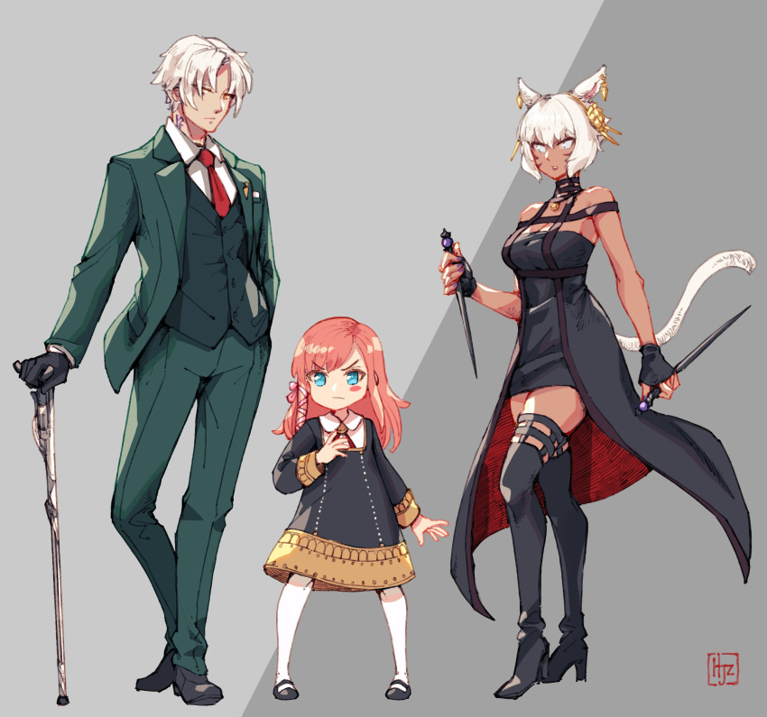 1boy 2girls absurdres animal_ears anya_(spy_x_family) anya_(spy_x_family)_(cosplay) bangs black_dress blue_eyes boots breasts cane cat_ears cat_tail child cosplay dagger dark-skinned_female dark_skin dress earrings eyebrows_visible_through_hair facial_mark final_fantasy final_fantasy_xiv fingerless_gloves formal gloves gold_hairband green_suit grey_background grey_eyes hair_ribbon high_heel_boots high_heels highres hjz_(artemi) holding holding_dagger holding_weapon hyur jewelry knife looking_at_viewer medium_breasts miqo'te multiple_girls neck_tattoo red_hair ribbon rose_hair_ornament ryne short_hair simple_background spy_x_family suit tail tattoo thancred_waters thigh_boots thighhighs twilight_(spy_x_family) twilight_(spy_x_family)_(cosplay) weapon whisker_markings white_hair y'shtola_rhul yellow_eyes yor_briar yor_briar_(cosplay)
