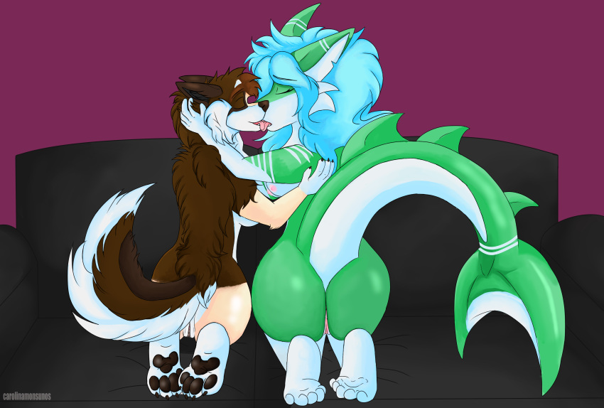 absurd_res anthro anus big_breasts big_butt breasts brown_body brown_fur butt canid canine canis couch_sex digital_media_(artwork) duo eyes_closed female female/female fish fluffy fluffy_ears fluffy_tail french_kissing friends fur furniture genitals green_body green_scales hair hand_behind_back hand_behind_head hi_res kissing kneeling mammal marine nipples nude open_mouth panini_(panininha) panininha passionate pawpads paws pussy romantic scales seashell_(bananabread710) sex shark simple_background size_difference smile sofa thick_tail thick_thighs tongue tongue_out white_body white_fur white_scales wolf