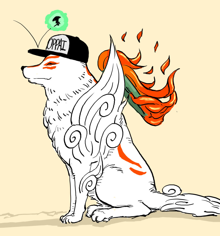 1boy absurdres amaterasu_(ookami) animal baseball_cap bb_(baalbuddy) closed_eyes closed_mouth clothes_writing english_commentary fire from_above hat highres issun jumping miniboy ookami_(game) reflector_(ookami) sitting wolf