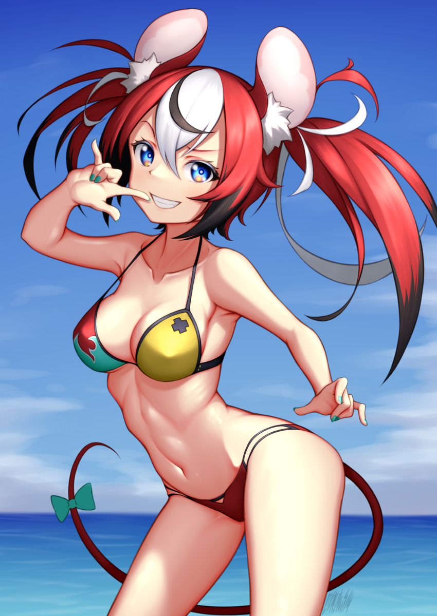 1girl absurdres animal_ear_fluff animal_ears arched_back bangs bikini black_hair blue_eyes bow breasts cloud collarbone contrapposto cowboy_shot day gradient_hair green_bow green_nails grin hair_between_eyes hakos_baelz highres hololive hololive_english horizon long_hair looking_at_viewer medium_breasts mouse_ears mouse_girl mouse_tail multicolored_bikini multicolored_clothes multicolored_hair navel nitrus ocean outdoors raised_eyebrow red_hair sky smile solo stomach strap_gap streaked_hair swimsuit tail tail_bow tail_ornament twintails virtual_youtuber white_hair