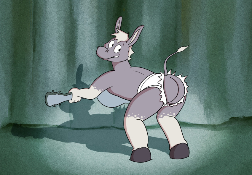 anthro asinus ass_up clothing donk_(donkdork) donkey equid equine guitar male mammal musical_instrument plucked_string_instrument shadow smallfryspy solo spotlight stage stage_curtains string_instrument torn_clothing torn_underwear underwear