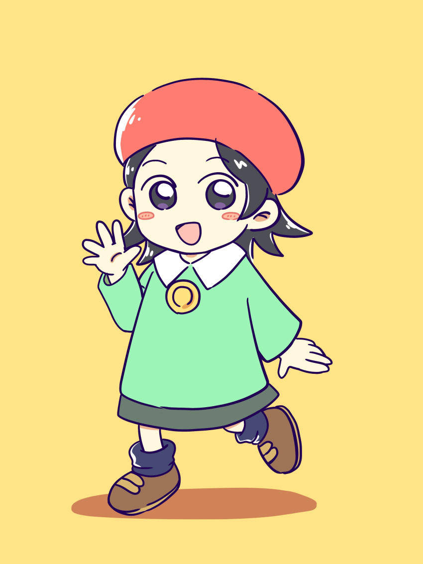 1girl absurdres adeleine beret black_hair blue_legwear blush blush_stickers brown_footwear child collared_shirt commentary_request eyebrows_visible_through_hair flat_chest flat_color full_body green_shirt green_skirt hand_up happy hat highres kirby_(series) leg_up long_sleeves looking_at_viewer miniskirt miwa_(ahyuck) open_mouth purple_eyes red_headwear shiny shiny_hair shirt shoes short_hair sidelocks simple_background skirt smile socks solo standing standing_on_one_leg walking waving yellow_background