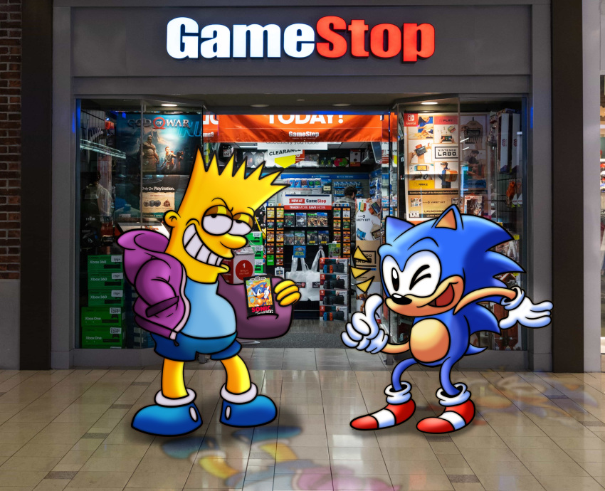 absurd_res anthro bart_simpson black_body black_skin blue_body blue_fur classic_sonic classic_sonic_(universe) clothing ess_n_stuffs eulipotyphlan fur gamestop gesture god_of_war hedgehog hi_res human jacket male mammal meme nintendo_labo one_eye_closed photo_background sega smile sonic_the_hedgehog sonic_the_hedgehog_(series) sony_corporation sony_interactive_entertainment stealing the_simpsons thumbs_up topwear video_games wink yellow_body yellow_skin