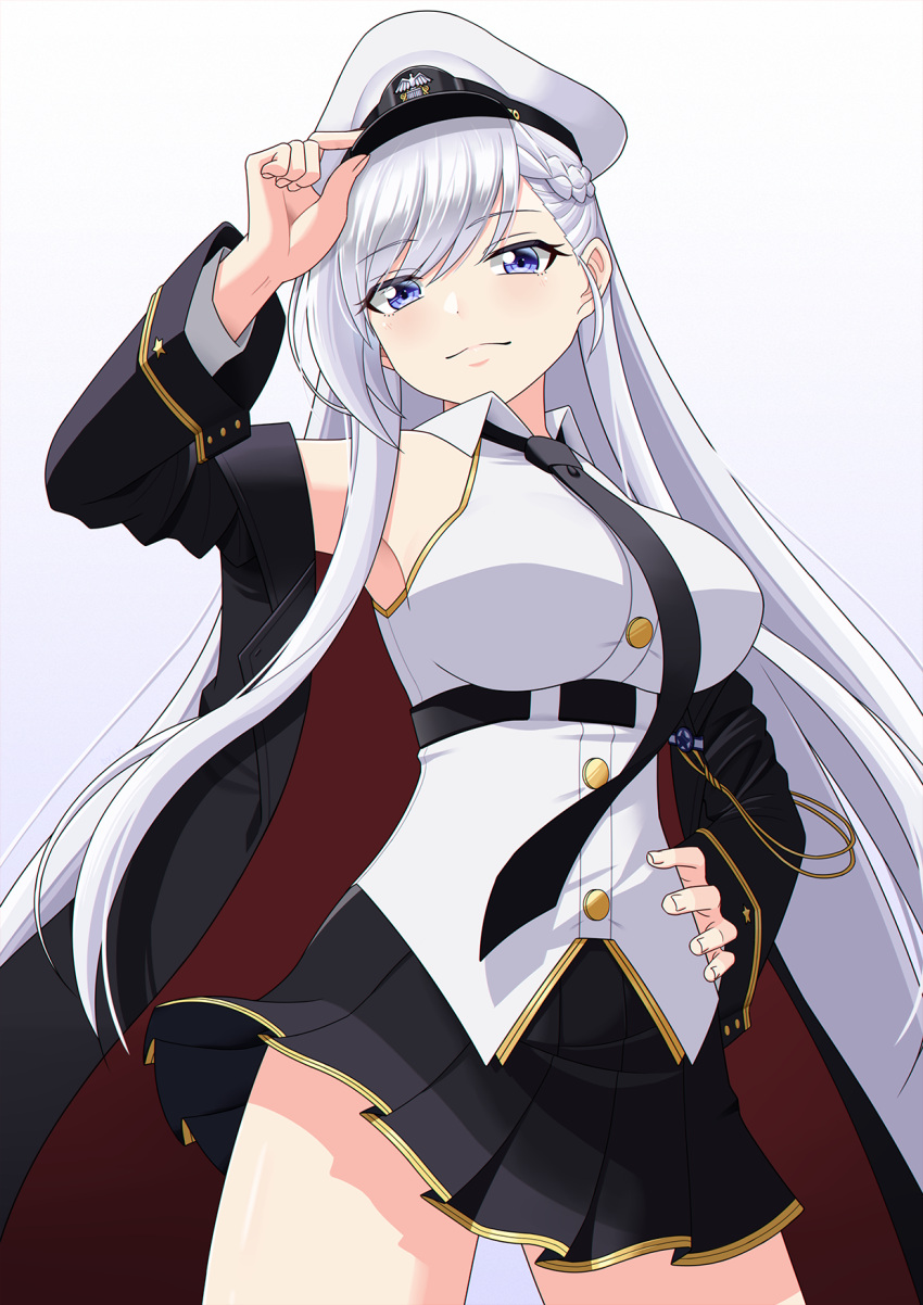 1girl azur_lane belfast_(azur_lane) black_necktie black_skirt braid breasts cosplay cowboy_shot enterprise_(azur_lane) enterprise_(azur_lane)_(cosplay) eyebrows_visible_through_hair french_braid gradient gradient_background hand_on_headwear hand_on_hip hat highres large_breasts lemon_kele long_hair necktie off_shoulder pleated_skirt shirt skirt sleeveless sleeveless_shirt white_hair