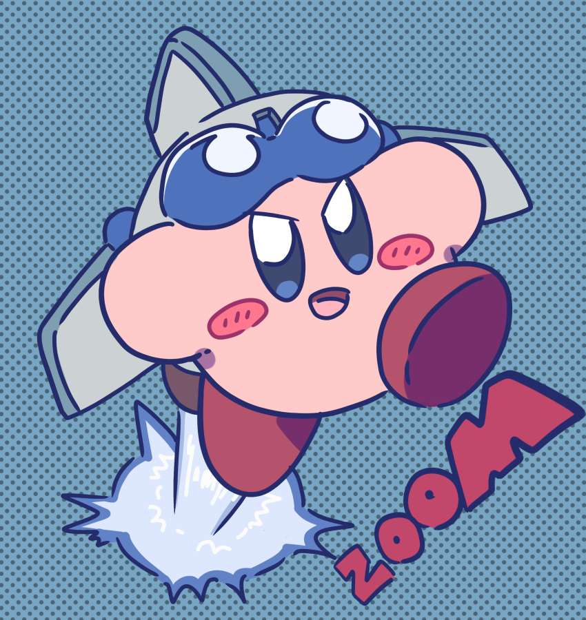 absurdres blue-tinted_eyewear blue_background blue_eyes blush blush_stickers commentary_request english_text eyewear_on_head flat_color flying full_body goggles happy highres kirby kirby_(series) looking_at_viewer miwa_(ahyuck) no_humans open_mouth polka_dot polka_dot_background rocket simple_background sketch smile solid_oval_eyes solo tinted_eyewear v-shaped_eyebrows