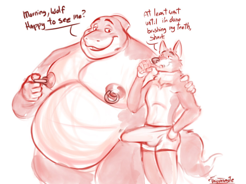 2022 anthro belly big_belly brush brushing brushing_teeth bulge canid canine canis clothed clothing dreamworks duo erection erection_under_clothing fish genital_outline hi_res humanoid_hands male male/male mammal marine moobs mr._shark_(the_bad_guys) mr._wolf_(the_bad_guys) nipples obese obese_male overweight overweight_male penis_outline shark sketch the_bad_guys uniparasite wolf