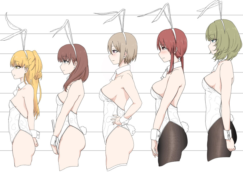 5girls animal_ears ascot black_legwear breasts cropped_legs detached_collar ebifryman fake_animal_ears from_side height_chart highres idolmaster idolmaster_cinderella_girls jougasaki_rika leotard looking_afar mifune_miyu multiple_girls own_hands_together pantyhose playboy_bunny profile rabbit_ears rabbit_tail sakuma_mayu shiomi_syuko sideboob tail takagaki_kaede white_leotard wrist_cuffs