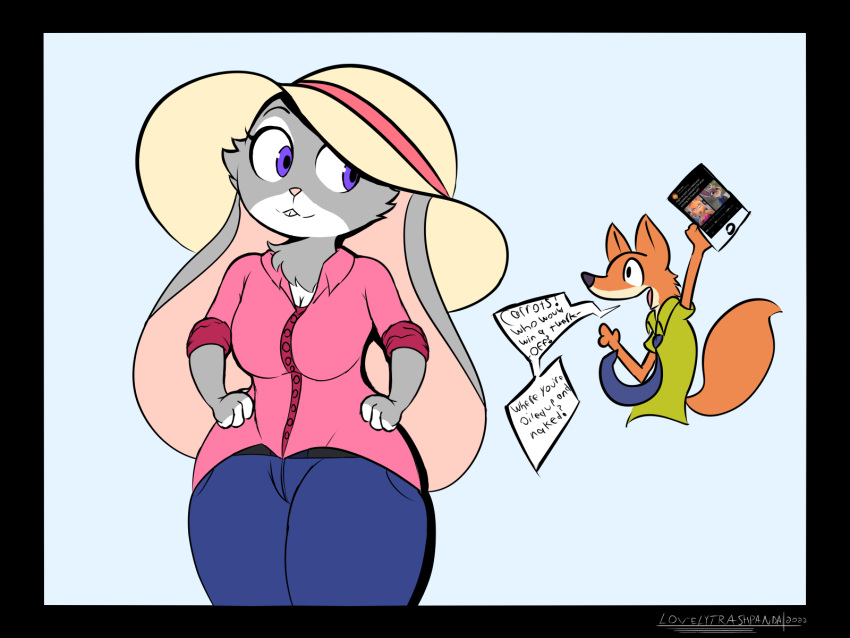 anthro bottomwear canid canine clothing denim denim_clothing diane_foxington disney dreamworks duo female floppy_ears fox fur grey_body hi_res jeans judy_hopps lagomorph leporid lovelytrashpanda male mammal meme neck_tuft necktie nick_wilde orange_body pants pink_nose rabbit sun_hat the_bad_guys tuft white_body white_fur zootopia