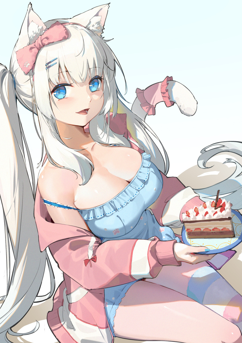 1girl :d absurdres animal_ear_fluff animal_ears bangs blue_dress blue_eyes bow breasts cake cake_slice cat_ears cat_girl cat_tail chucolala cleavage commentary dress eyebrows_visible_through_hair food frilled_dress frills hair_bow hair_ornament hairclip highres holding holding_plate j.xh jacket large_breasts long_hair long_sleeves looking_at_viewer off_shoulder open_clothes open_jacket pink_bow pink_jacket plate puffy_long_sleeves puffy_sleeves shirayuki_aria single_thighhigh sitting smile solo strap_slip strawberry_shortcake striped striped_legwear tail tail_garter thighhighs twintails very_long_hair virtual_youtuber white_hair