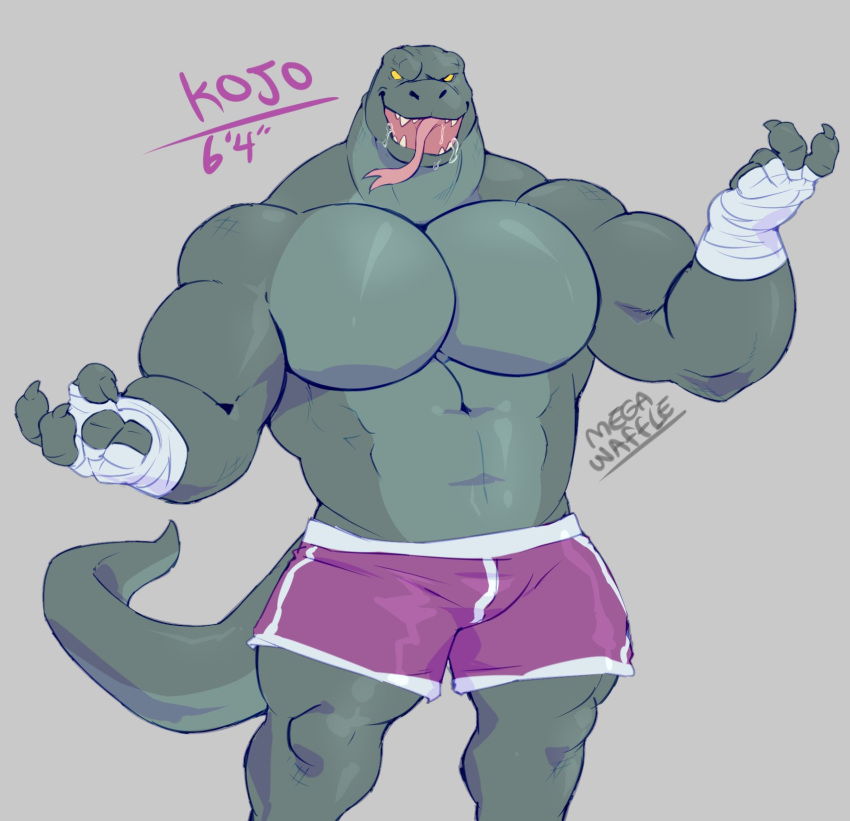 anthro arm_wraps big_pecs bottomwear clothed clothing green_body hi_res komodo_dragon lizard male megawaffle_(artist) monitor_lizard muscular muscular_anthro muscular_male open_mouth pecs reptile scalie shorts solo tongue tongue_out topless wraps