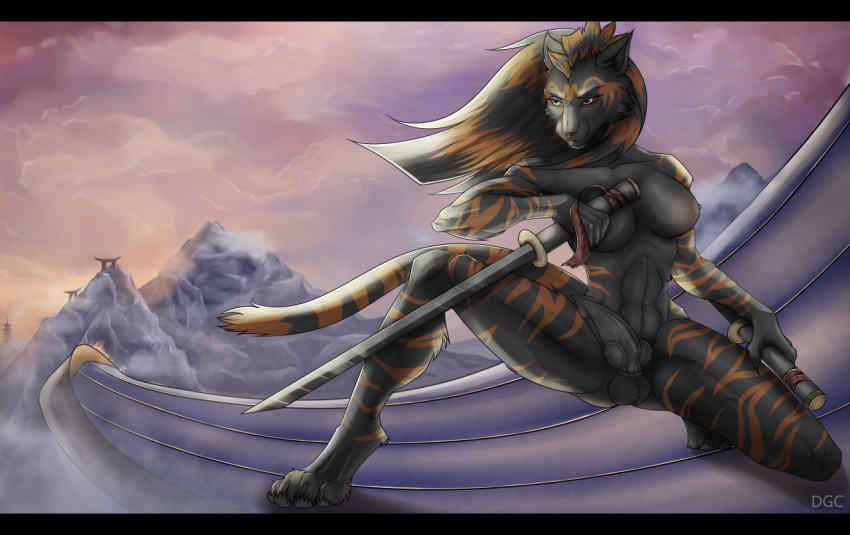 anthro breasts clothed clothed/nude clothing dark_guardian_corporation dgc felid female genitals herm herm/female intersex intersex/female invalid_tag japan mammal nude pantherine samurai solo tiger tigress_(disambiguation) warrior