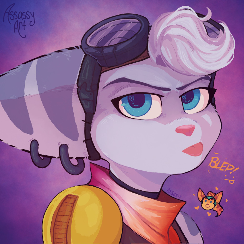 &lt;3 &lt;3_eyes 2022 angela_cross anthro assassyart blep blue_eyes bust_portrait clothing duo ear_piercing ear_ring eyebrows eyewear eyewear_on_head female fur goggles goggles_on_head hair hi_res lombax looking_at_viewer mammal piercing portrait ratchet_and_clank rivet_(ratchet_and_clank) scarf sony_corporation sony_interactive_entertainment stripes tongue tongue_out video_games