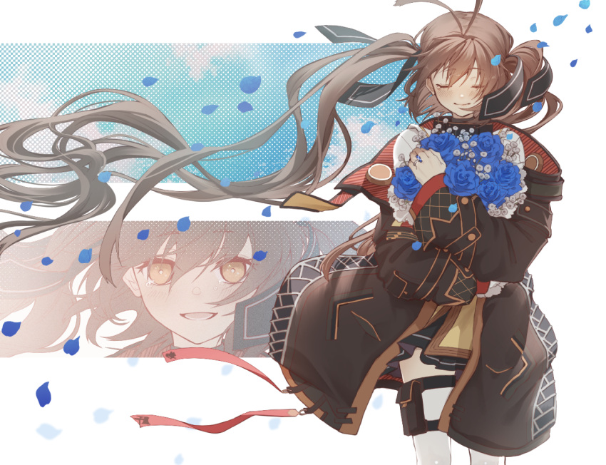 1girl bangs blue_flower blue_rose blush bouquet brown_hair brown_jacket closed_mouth commentary commission eyebrows_visible_through_hair feet_out_of_frame flower girls'_frontline hair_ribbon holding holding_bouquet holding_flower jacket light_brown_eyes long_hair looking_at_viewer m14_(girls'_frontline) open_clothes open_jacket open_mouth parted_lips petals rabb_horn ribbon rose simple_background skeb_commission smile solo standing tears twintails