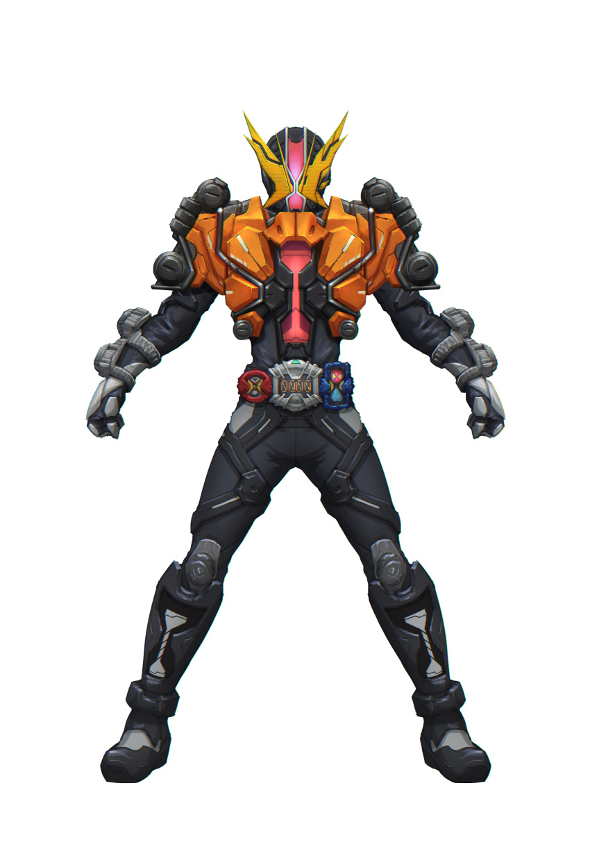 1boy absurdres armor black_bodysuit black_footwear black_gloves bodysuit boots flying geiz_revive geiz_revive_goretsu gloves highres holding holding_weapon horns hourglass kamen_rider kamen_rider_geiz kamen_rider_zi-o_(series) knee_up male_focus official_alternate_costume orange_armor peihao_wang revive_ridewatch tokusatsu weapon yellow_eyes yellow_horns