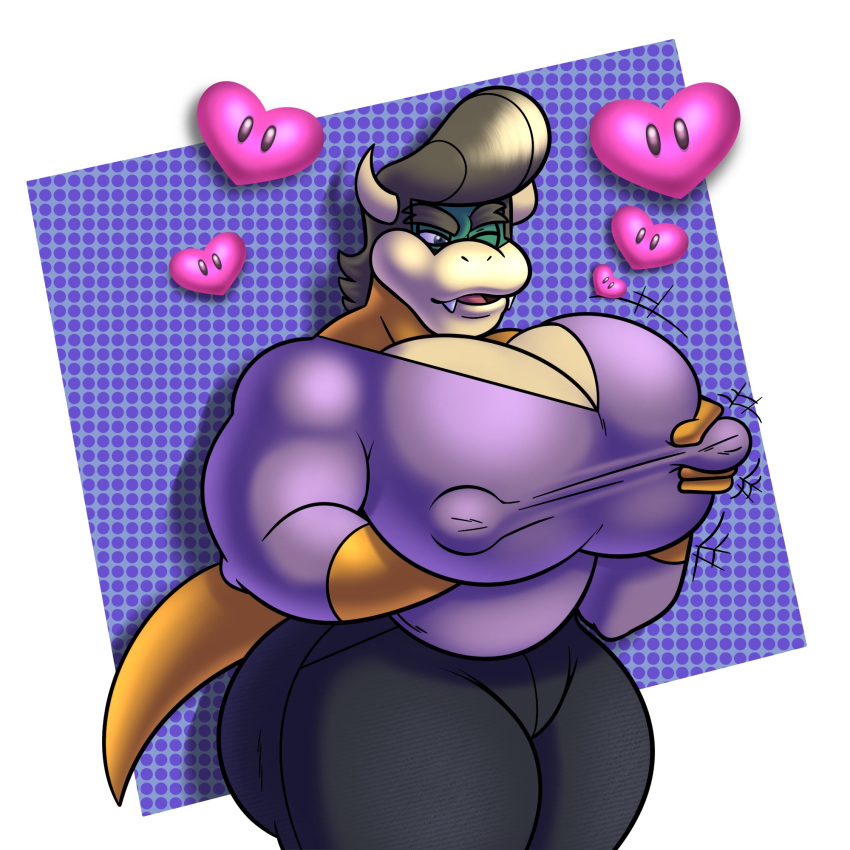 &lt;3 anthro black_bottomwear black_clothing black_pants bottomwear clothing colelucario dominic_(colelucario) hair hi_res horn huge_pecs koopa male mario_bros nintendo nipple_fetish nipple_outline nipple_pinch nipple_play pants pinch pompadour purple_clothing purple_shirt purple_topwear reptile scalie shirt solo thick_thighs topwear video_games wide_hips