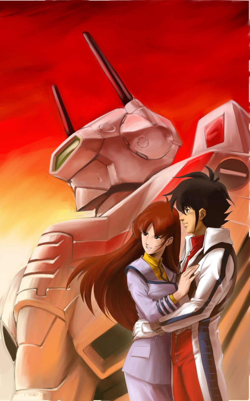 1boy 1girl absurdres bangs black_hair blue_jacket blue_skirt brown_hair choujikuu_yousai_macross hair_behind_ear hayase_misa highres hug ichijou_hotaru jacket long_hair macross makoto_ono mecha parted_bangs pilot_suit science_fiction skirt smile sunset variable_fighter vf-1 visor