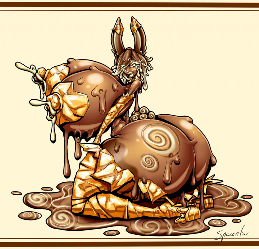 &lt;3 &lt;3_eyes big_butt big_nipples bodily_fluids breast_milking brown_background brown_hair butt candy chocolate chocolate_bunny dessert digital_drawing_(artwork) digital_media_(artwork) eyebrows female foil food food_creature gold_armwear gold_clothing gold_legwear gold_nipples gold_shoes hair heart_nipples hi_res high_heels humanoid lactating lagomorph leporid lips looking_at_viewer mammal melting milk_leaking mostly_nude nipples picture_frame puddle rabbit signature simple_background solo spacefur spiral thick_thighs white_background white_eyebrows white_eyes white_hair white_lips white_nose