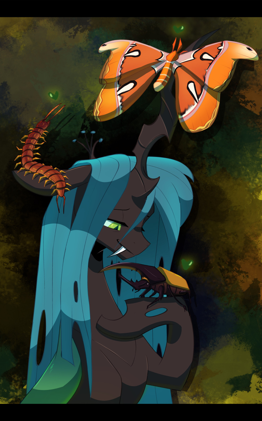 absurd_res ambiguous_gender arthropod beetle blue_hair butterfly centipede changeling chub-wub fangs female feral friendship_is_magic green_eyes hair hasbro hi_res horn insect lepidopteran looking_down multi_leg multi_limb my_little_pony myriapod pupils queen_chrysalis_(mlp) rhinoceros_beetle scarabaeid slit_pupils smile