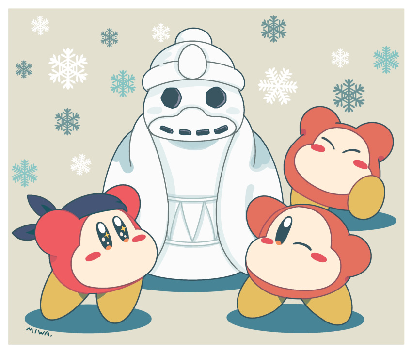 ^_^ arms_up artist_name bandana bandana_waddle_dee blue_headwear blush blush_stickers border closed_eyes full_body grey_background happy highres king_dedede kirby_(series) leg_up miwa_(ahyuck) no_humans no_mouth one_eye_closed orange_eyes signature snowflakes snowman solid_oval_eyes sparkle standing standing_on_one_leg waddle_dee white_border