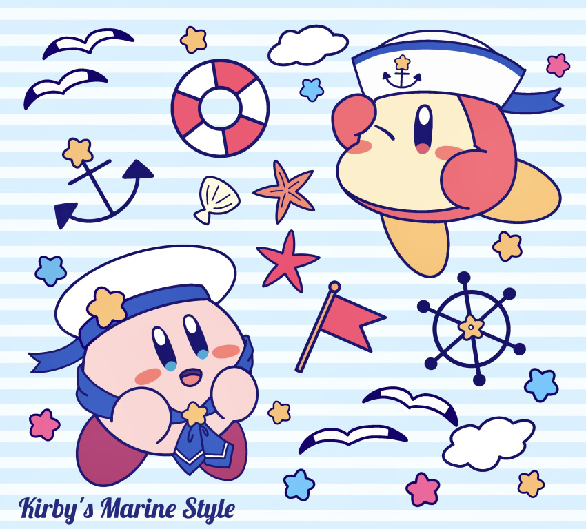 absurdres anchor anchor_symbol arm_up bird blue_background blue_eyes blue_neckerchief blue_ribbon blush blush_stickers character_name cloud commentary_request english_commentary english_text flag full_body hands_up happy hat hat_ribbon highres kirby kirby_(series) lifebuoy miwa_(ahyuck) mixed-language_commentary neckerchief no_humans no_mouth one_eye_closed open_mouth partial_commentary red_eyes ribbon sailor_hat seagull seashell shading_eyes shell ship's_wheel smile solid_oval_eyes star_(symbol) starfish striped striped_background waddle_dee white_headwear