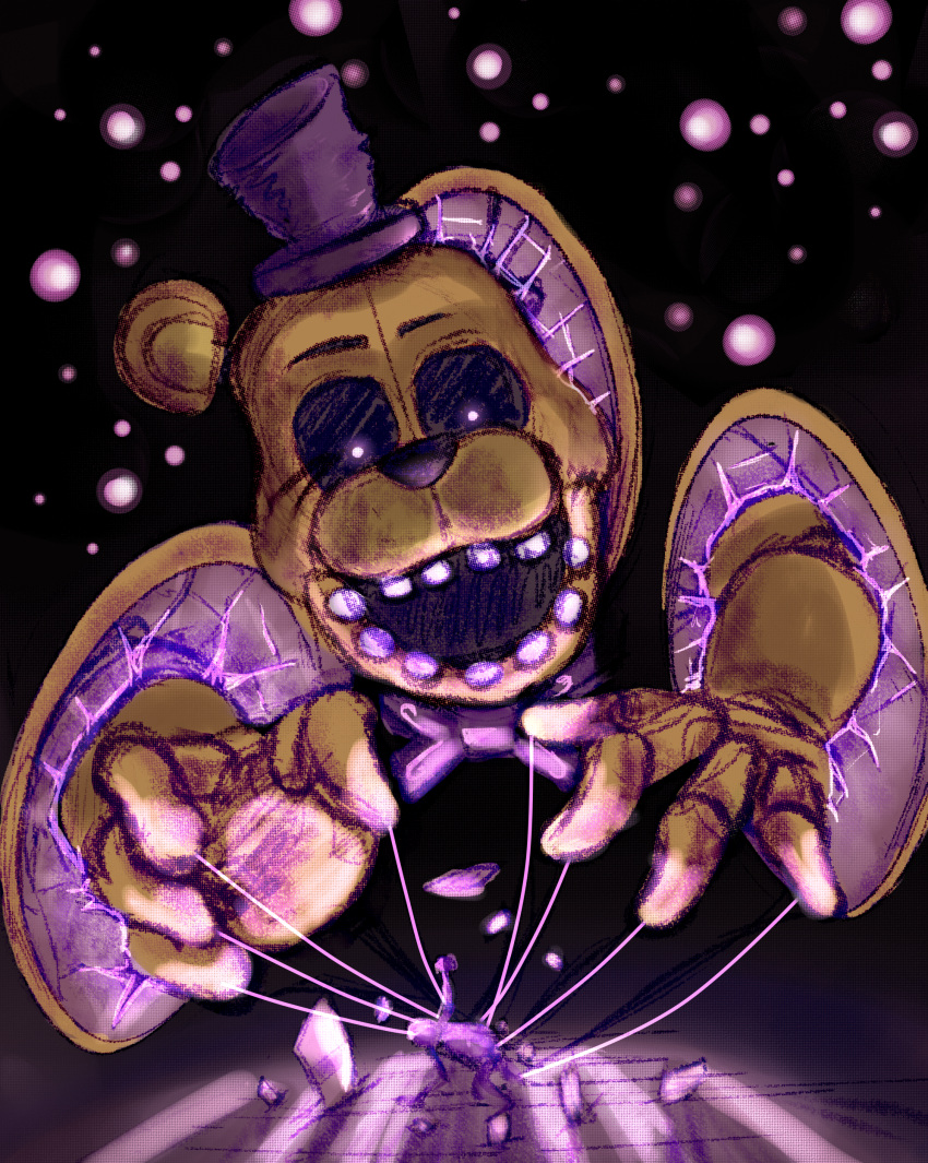 absurd_res animatronic anthro black_background bow_tie broken_glass clothing duo five_nights_at_freddy's floating glass golden_freddy_(fnaf) hat headgear headwear hi_res humanoid looking_at_another looking_down machine male mammal mirror open_mouth purple_body robot scottgames simple_background strings tagme unknown_artist ursid video_games white_eyes william_afton_(fnaf) wire yellow_body